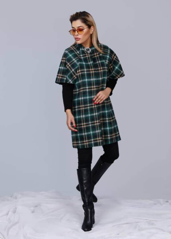 مانتو چهار خانه پشمی شنل دار آستین بافت - Image 2