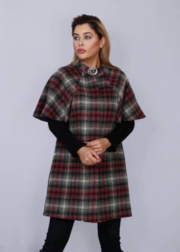 مانتو چهار خانه پشمی شنل دار آستین بافت - Image 4